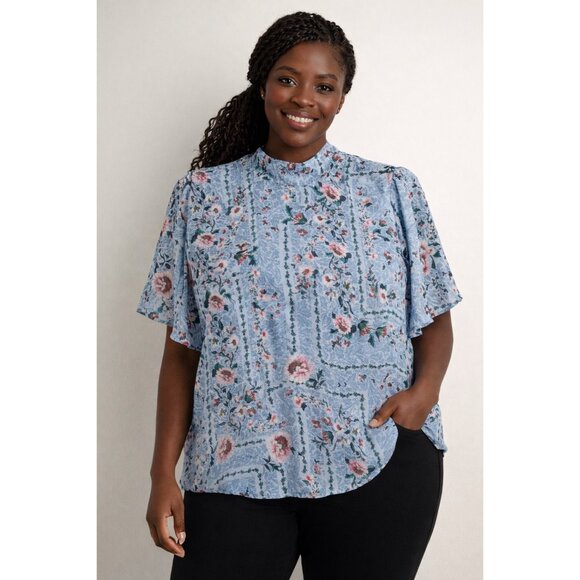 LC Lauren  Conrad Tops - LC Lauren Conrad Dusty Blue Floral Flutter Sleeve Blouse XXL